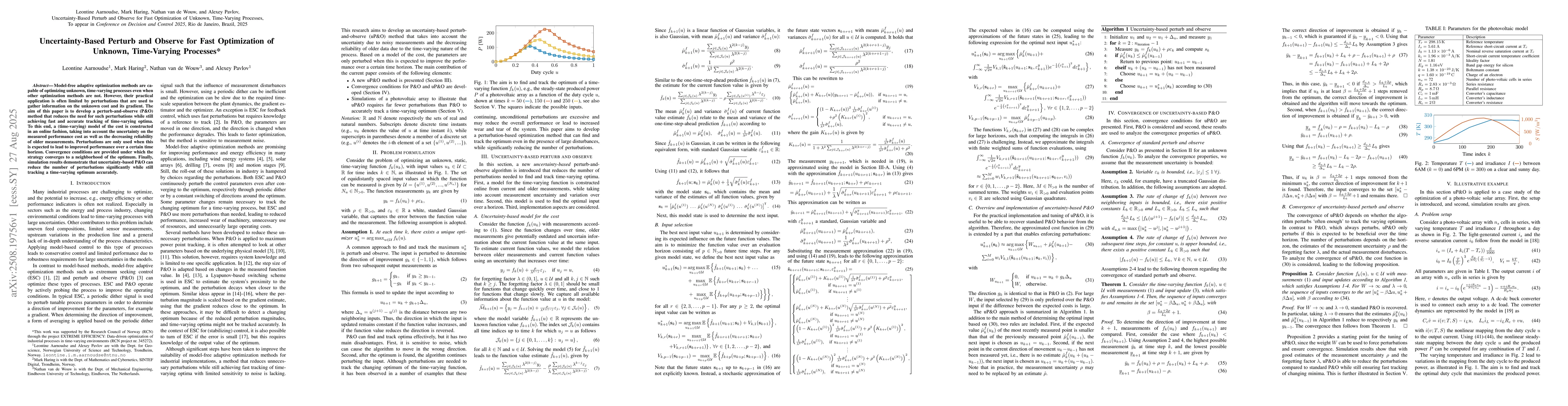 Thumbnail for Uncertainty-Based Perturb and Observe for Fast Optimization of Unknown,
  Time-Varying Processes