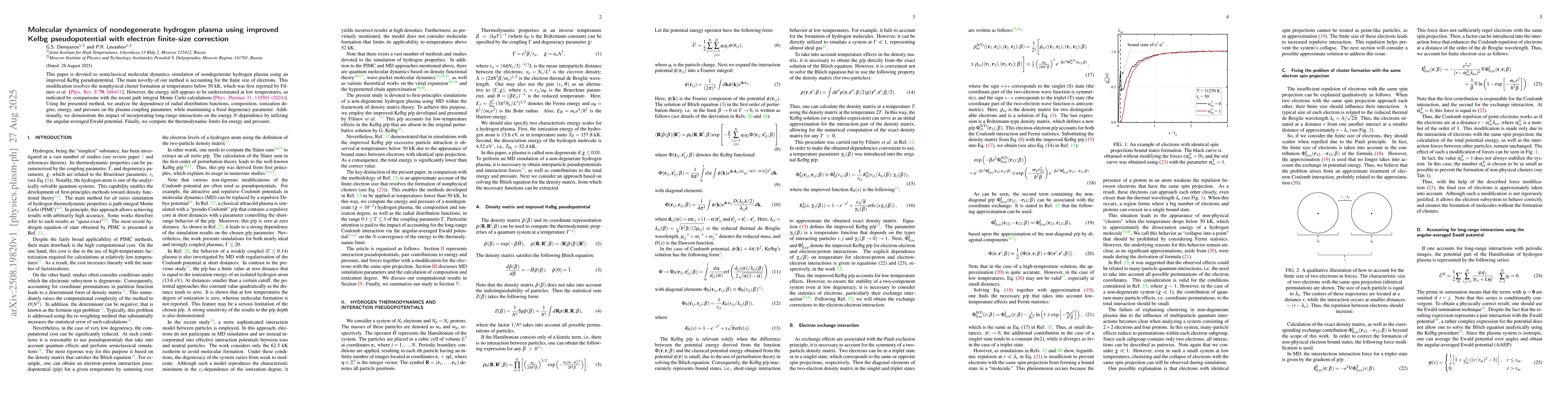 Thumbnail for Molecular dynamics of nondegenerate hydrogen plasma using improved Kelbg
  pseudopotential with electron finite-size correction