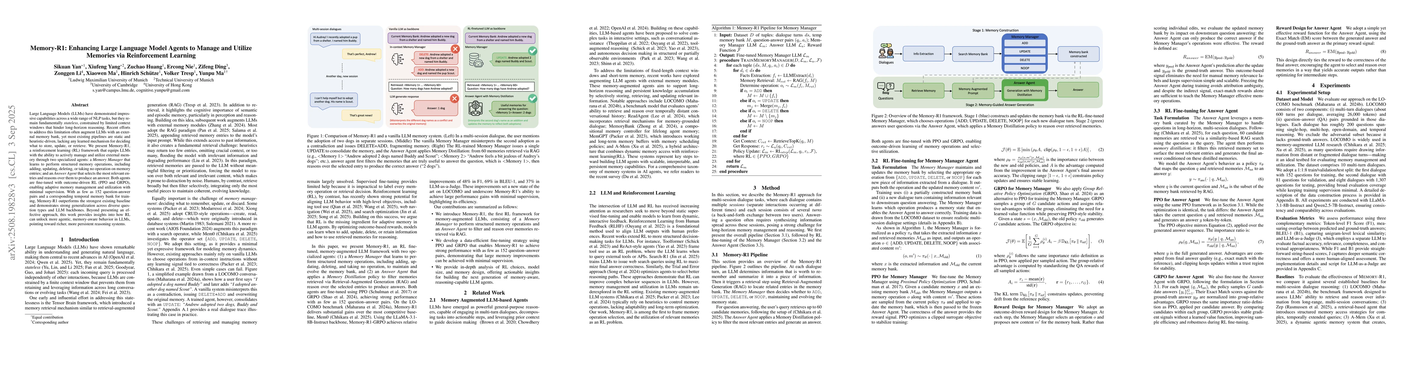 Thumbnail for Memory-R1: Enhancing Large Language Model Agents to Manage and Utilize
  Memories via Reinforcement Learning