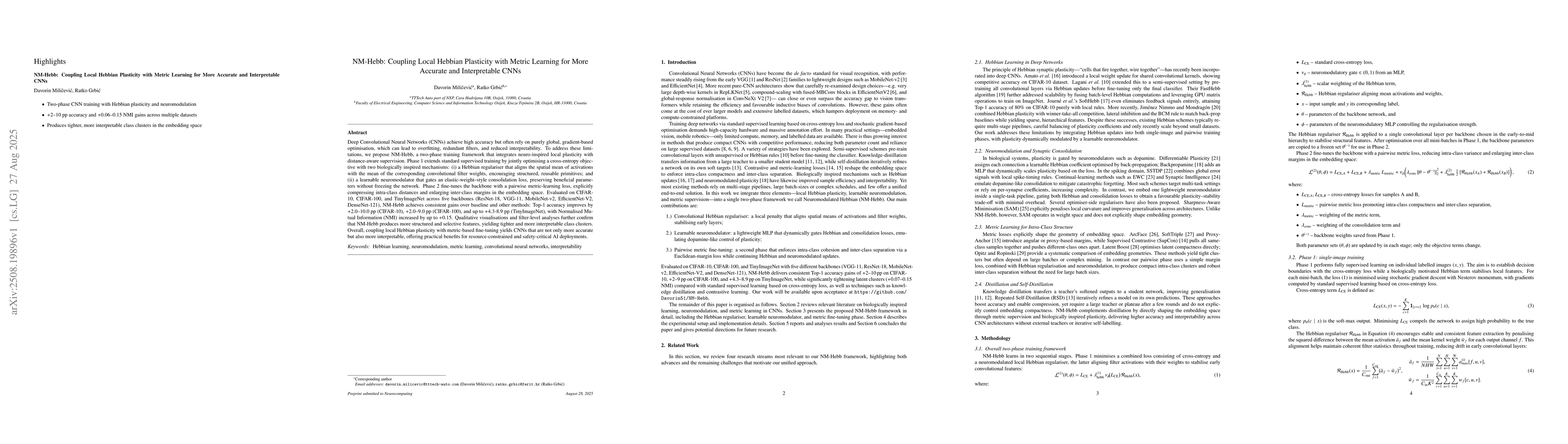 Thumbnail for NM-Hebb: Coupling Local Hebbian Plasticity with Metric Learning for More
  Accurate and Interpretable CNNs
