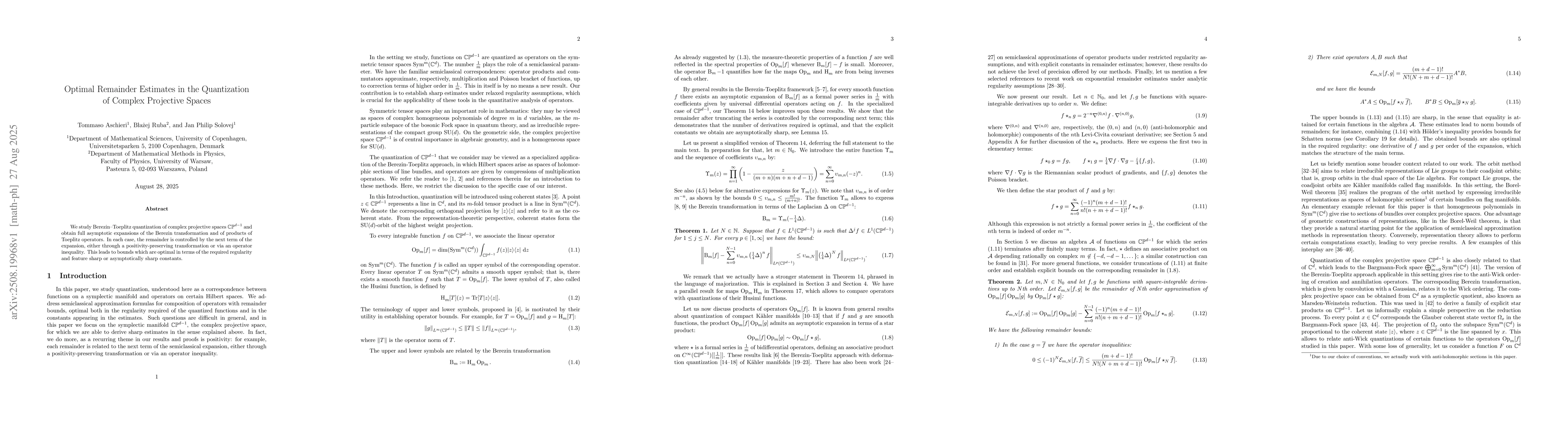 Thumbnail for Optimal Remainder Estimates in the Quantization of Complex Projective
  Spaces