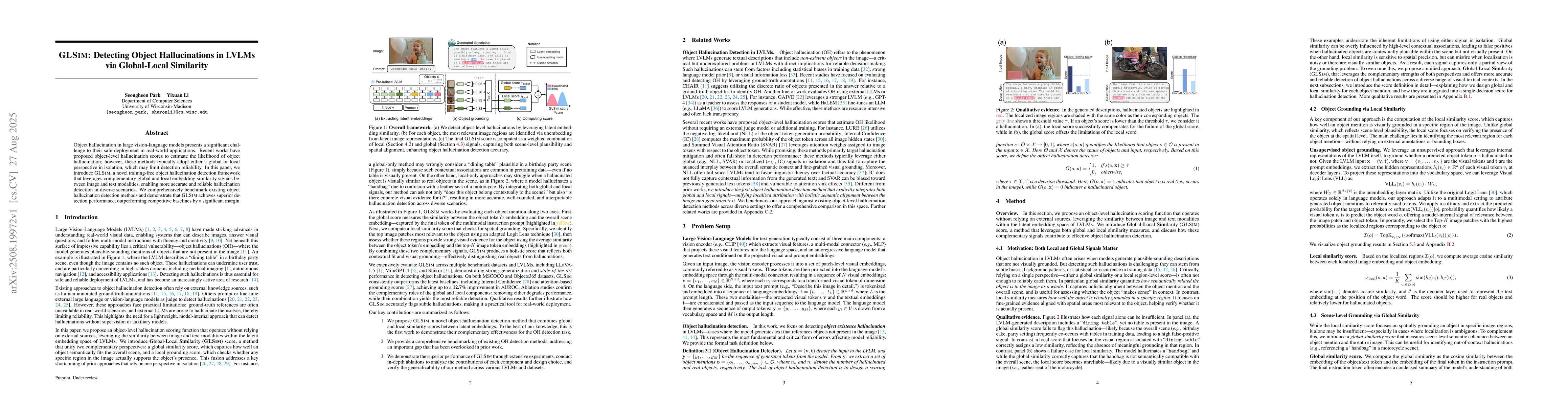 Thumbnail for GLSim: Detecting Object Hallucinations in LVLMs via Global-Local
  Similarity