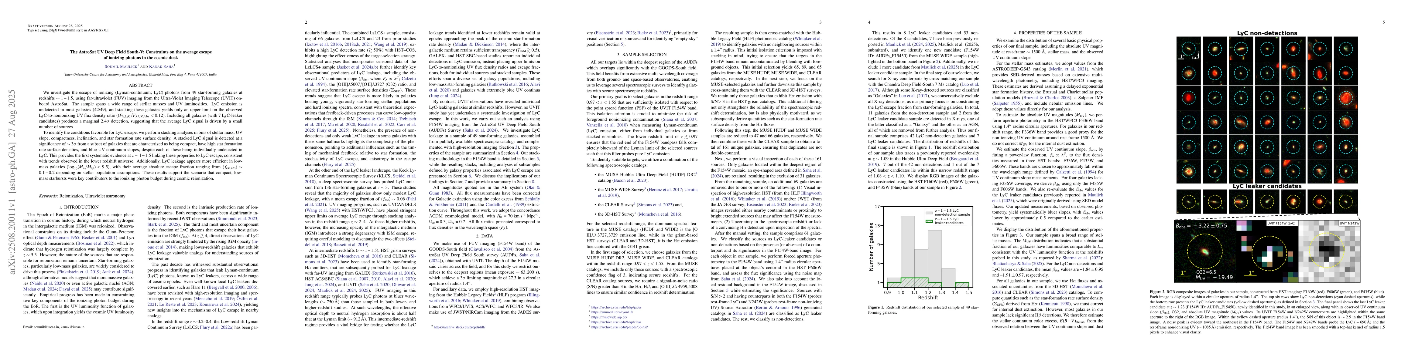 Thumbnail for The AstroSat UV Deep Field South-V: Constraints on the average escape of
  ionizing photons in the cosmic dusk