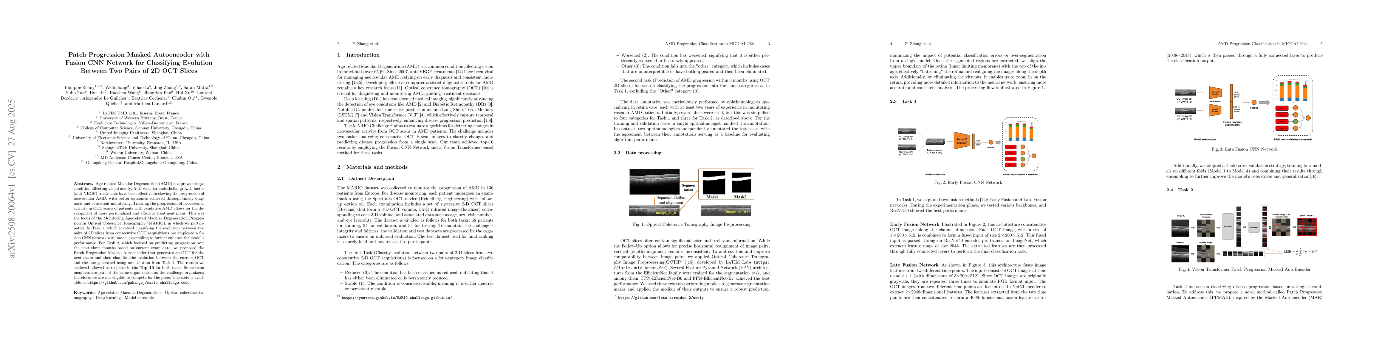 Thumbnail for Patch Progression Masked Autoencoder with Fusion CNN Network for
  Classifying Evolution Between Two Pairs of 2D OCT Slices