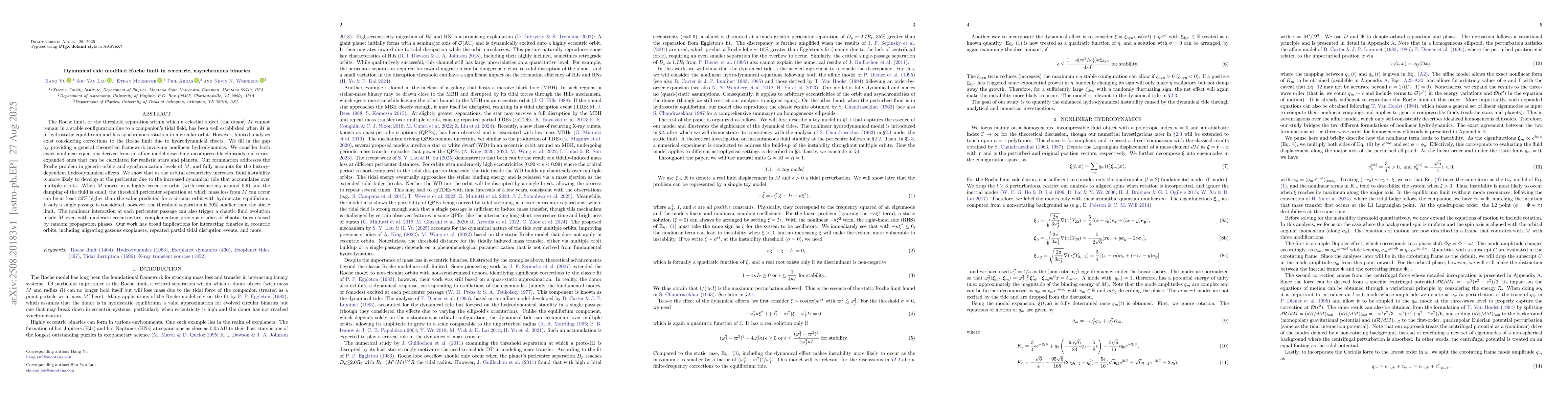 Thumbnail for Dynamical tide modified Roche limit in eccentric, asynchronous binaries