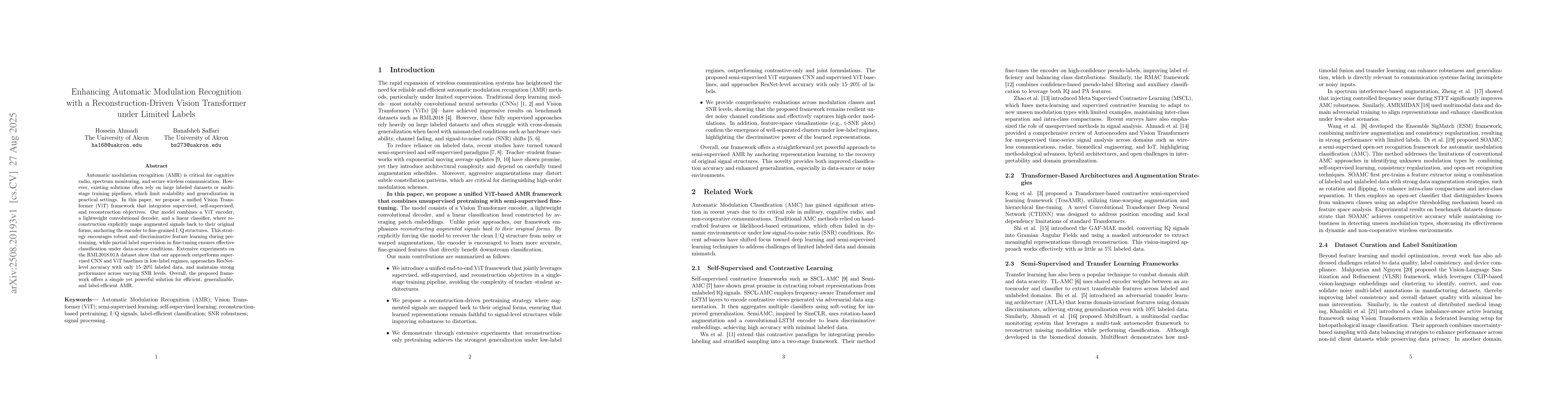 Thumbnail for Enhancing Automatic Modulation Recognition With a Reconstruction-Driven
  Vision Transformer Under Limited Labels