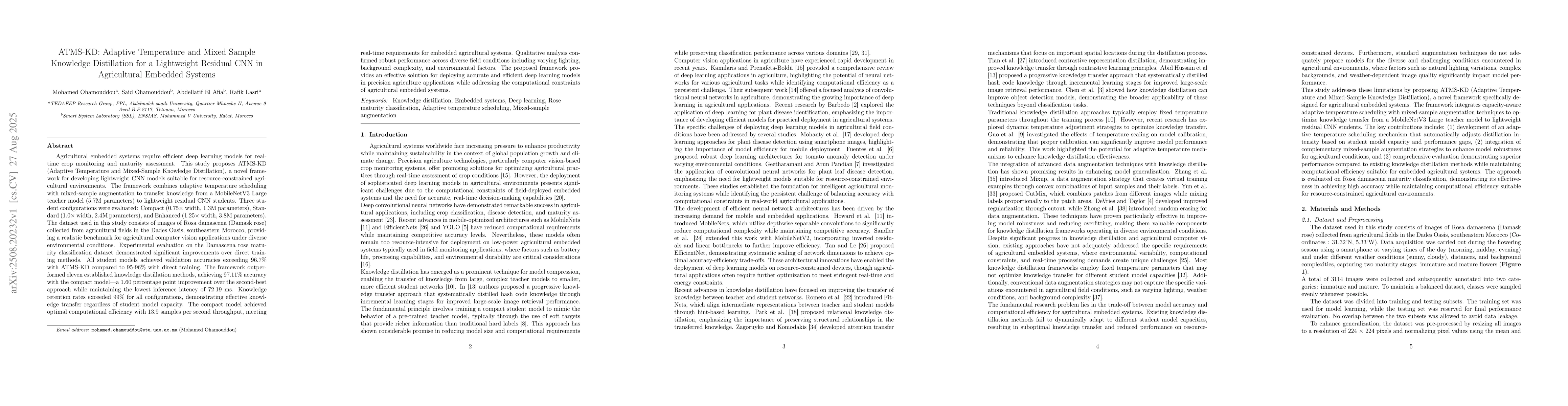 Thumbnail for ATMS-KD: Adaptive Temperature and Mixed Sample Knowledge Distillation
  for a Lightweight Residual CNN in Agricultural Embedded Systems
