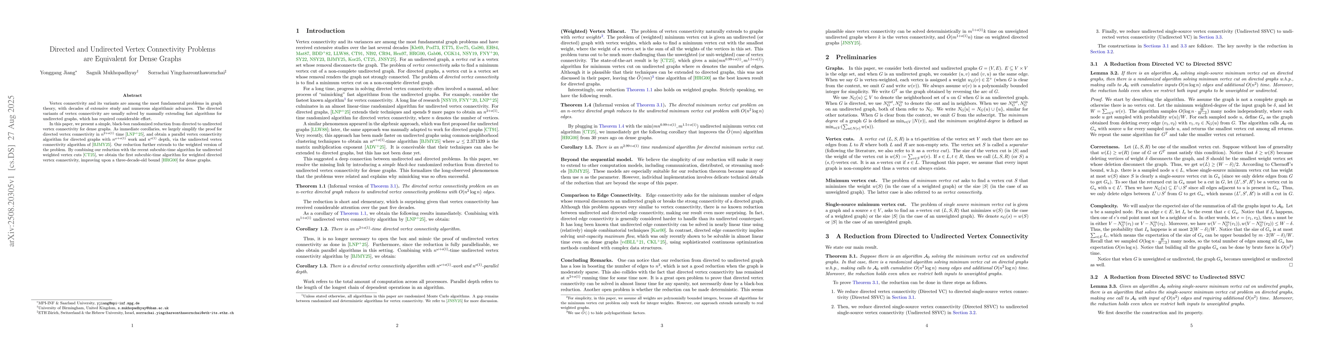 Thumbnail for Directed and Undirected Vertex Connectivity Problems are Equivalent for
  Dense Graphs