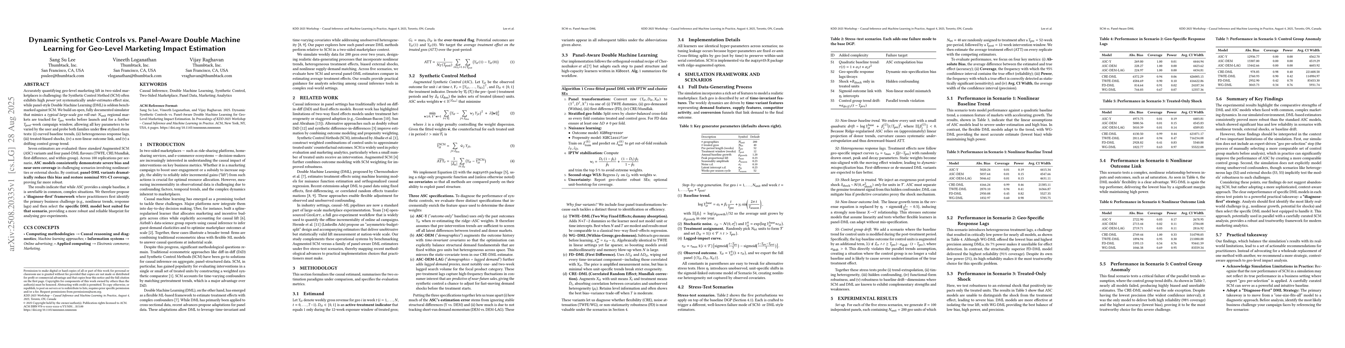 Thumbnail for Dynamic Synthetic Controls vs. Panel-Aware Double Machine Learning for
  Geo-Level Marketing Impact Estimation