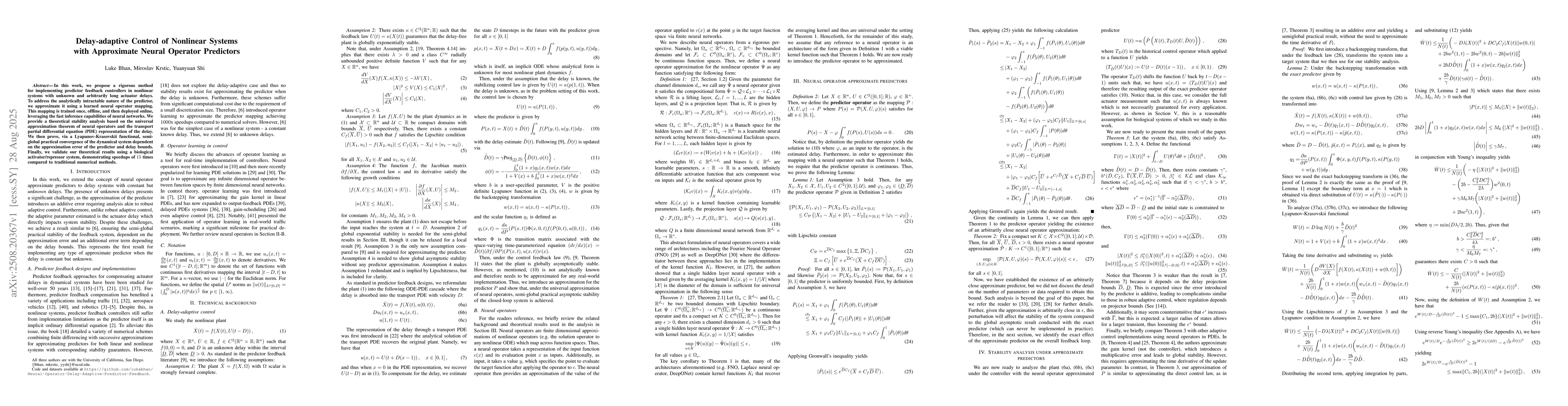Thumbnail for Delay-adaptive Control of Nonlinear Systems with Approximate Neural
  Operator Predictors