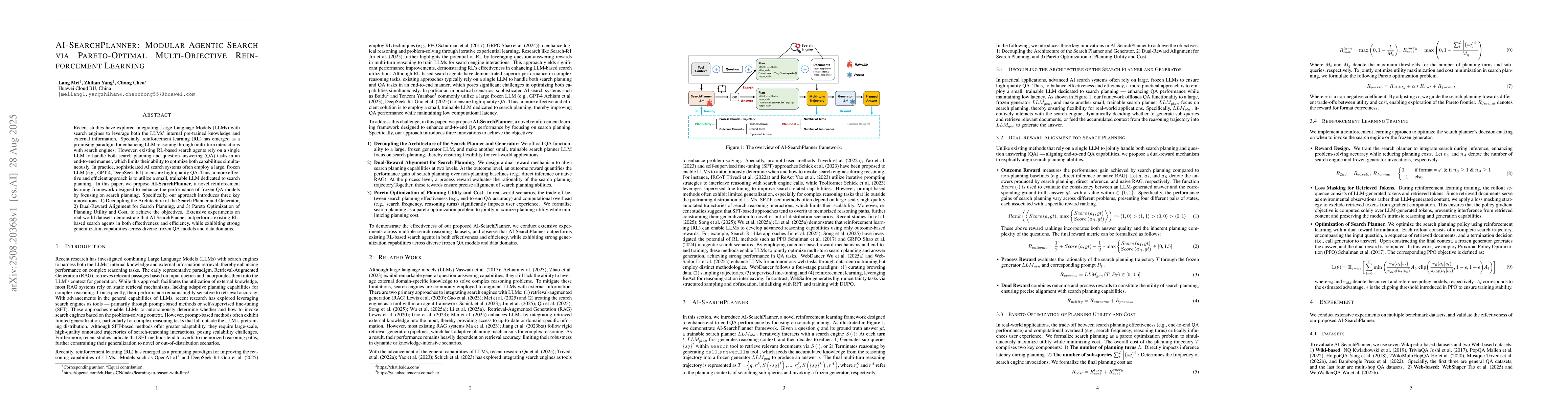 Thumbnail for AI-SearchPlanner: Modular Agentic Search via Pareto-Optimal
  Multi-Objective Reinforcement Learning