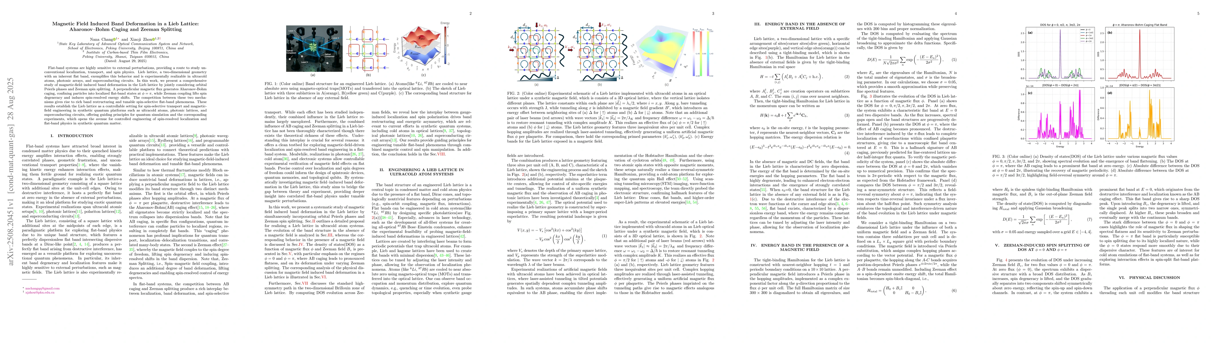 Thumbnail for Magnetic Field Induced Band Deformation in a Lieb Lattice:Aharonov-Bohm
  Caging and Zeeman Splitting