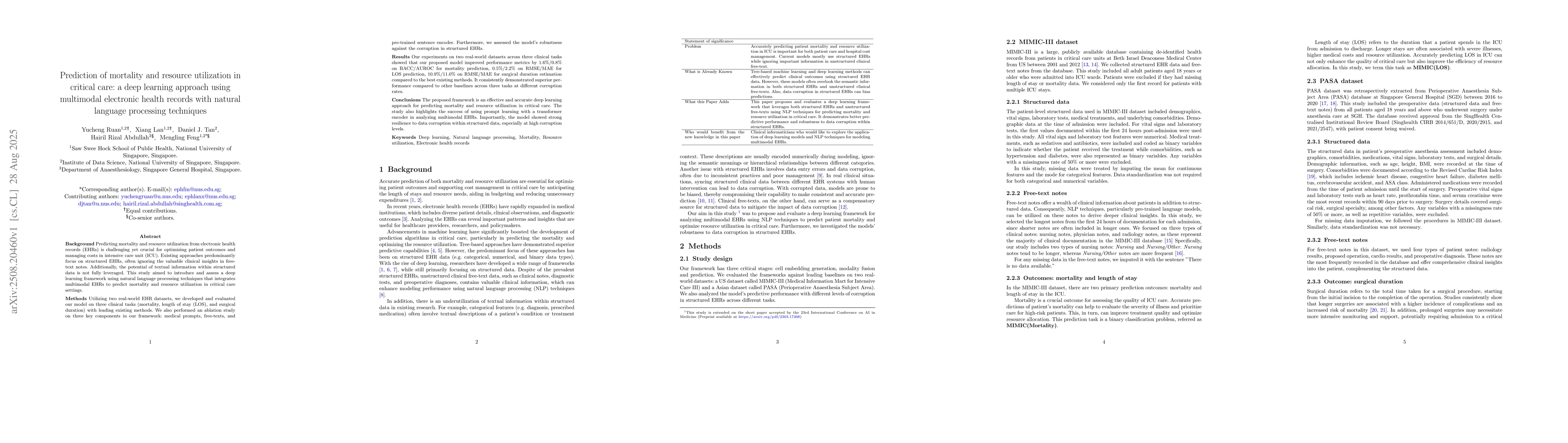 Thumbnail for Prediction of mortality and resource utilization in critical care: a
  deep learning approach using multimodal electronic health records with
  natural language processing techniques