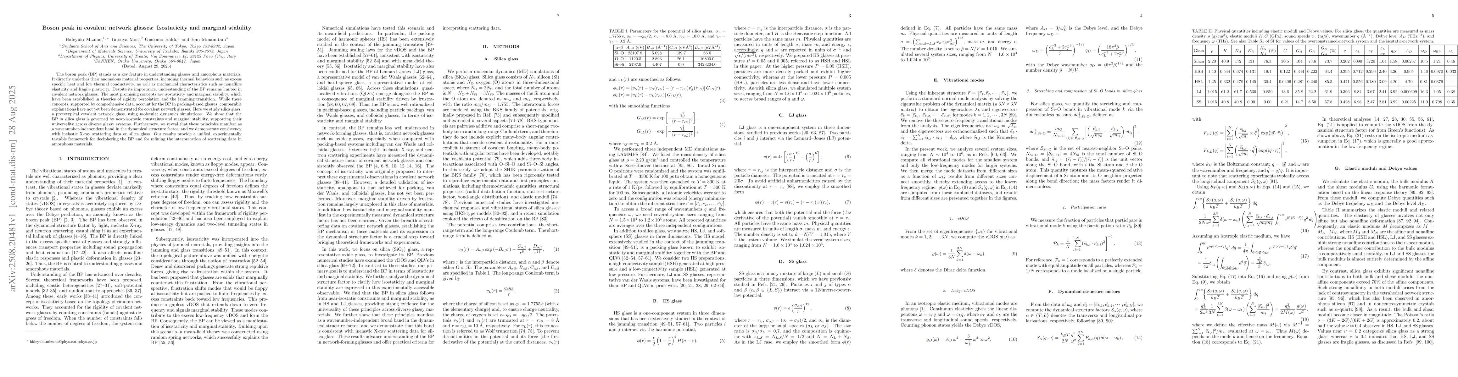 Thumbnail for Boson peak in covalent network glasses: Isostaticity and marginal
  stability
