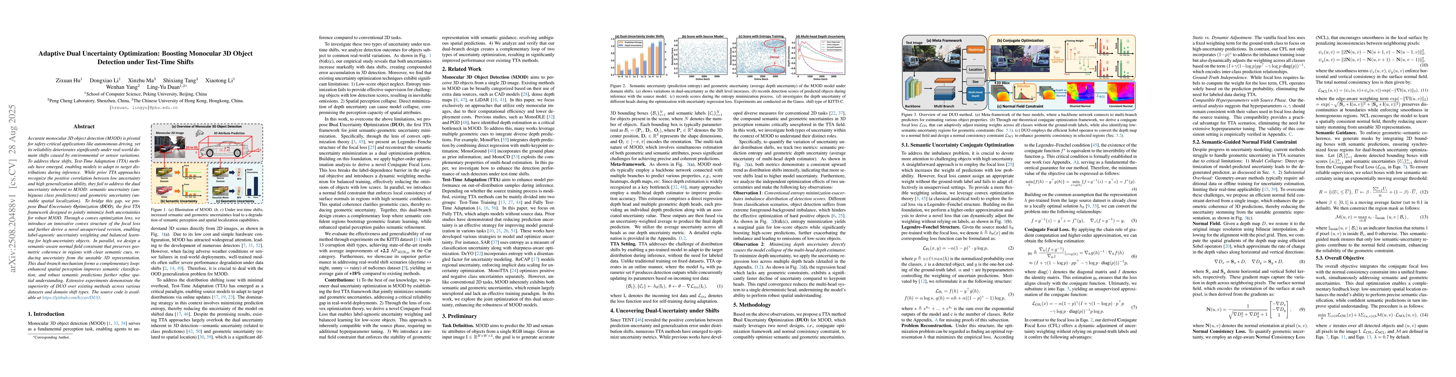 Thumbnail for Adaptive Dual Uncertainty Optimization: Boosting Monocular 3D Object
  Detection under Test-Time Shifts