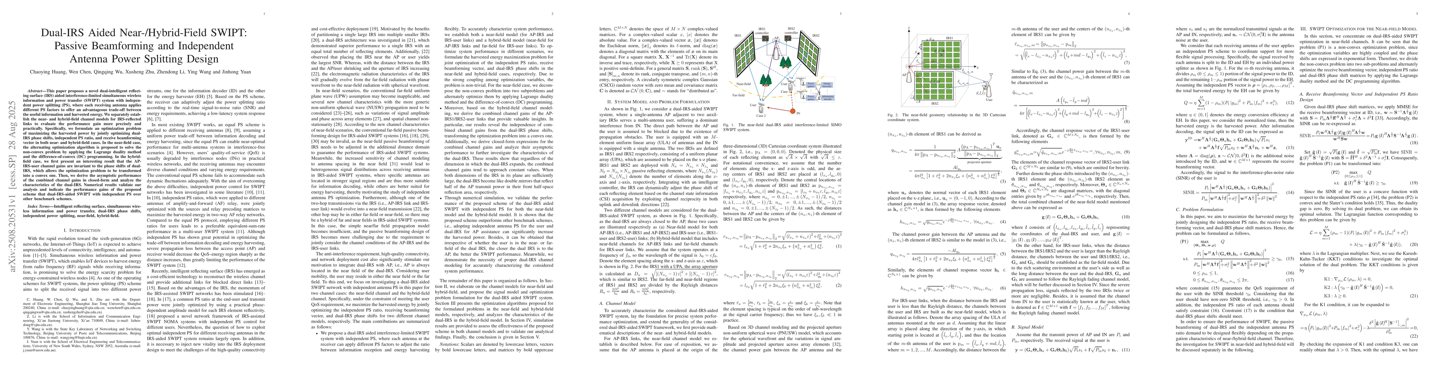 Thumbnail for Dual-IRS Aided Near-/Hybrid-Field SWIPT: Passive Beamforming and
  Independent Antenna Power Splitting Design
