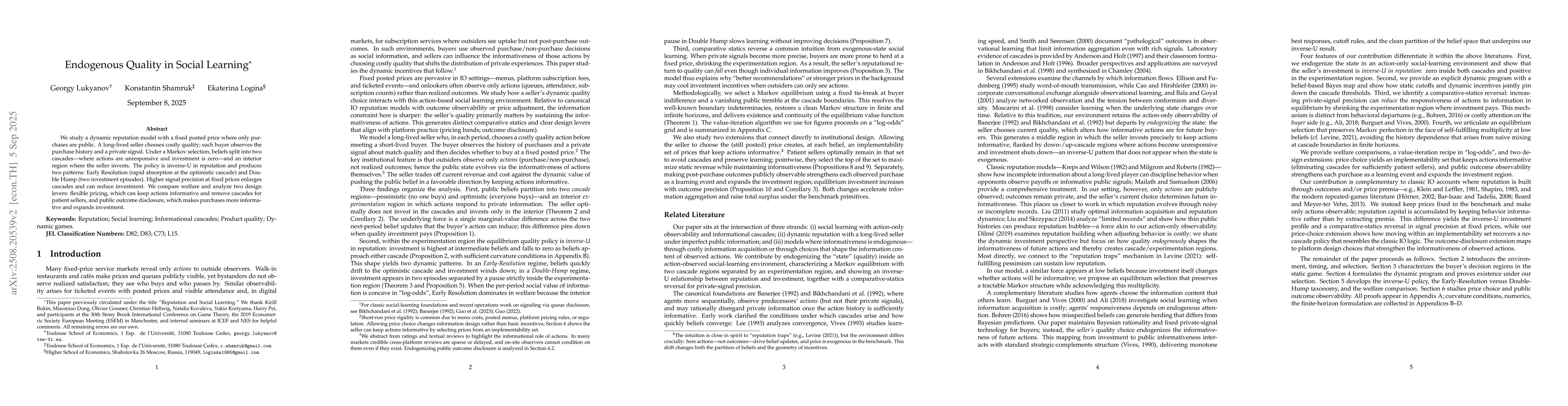 Thumbnail for Endogenous Quality in Social Learning