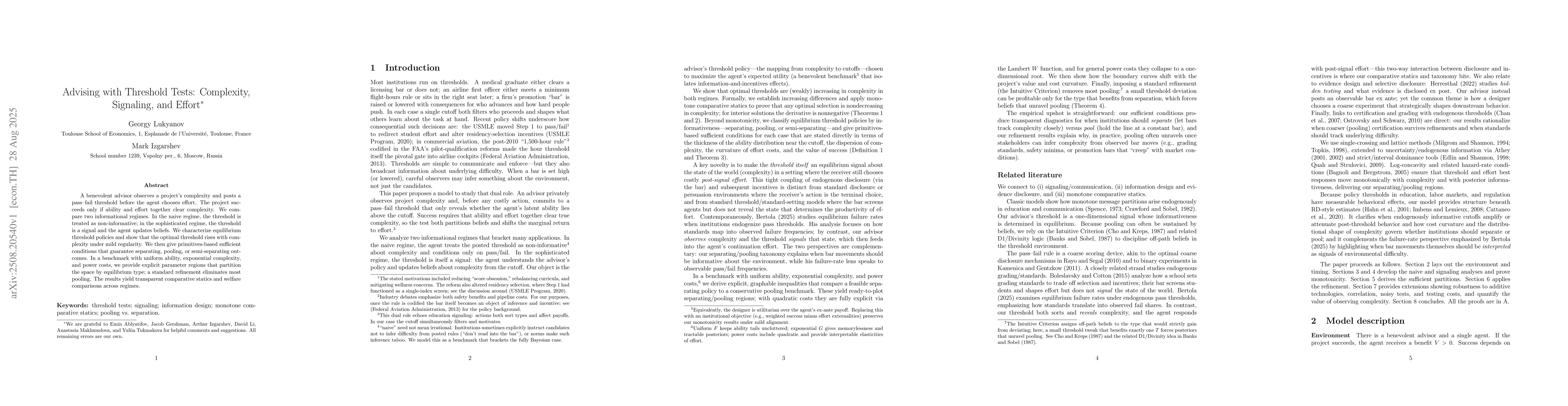 Thumbnail for Advising with Threshold Tests: Complexity, Signaling, and Effort