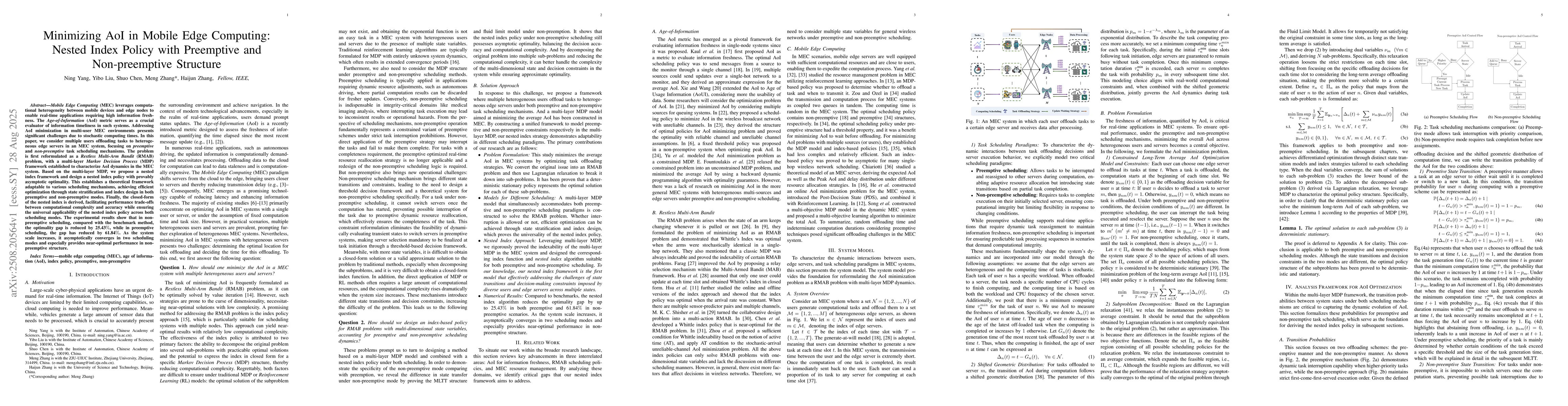 Thumbnail for Minimizing AoI in Mobile Edge Computing: Nested Index Policy with
  Preemptive and Non-preemptive Structure