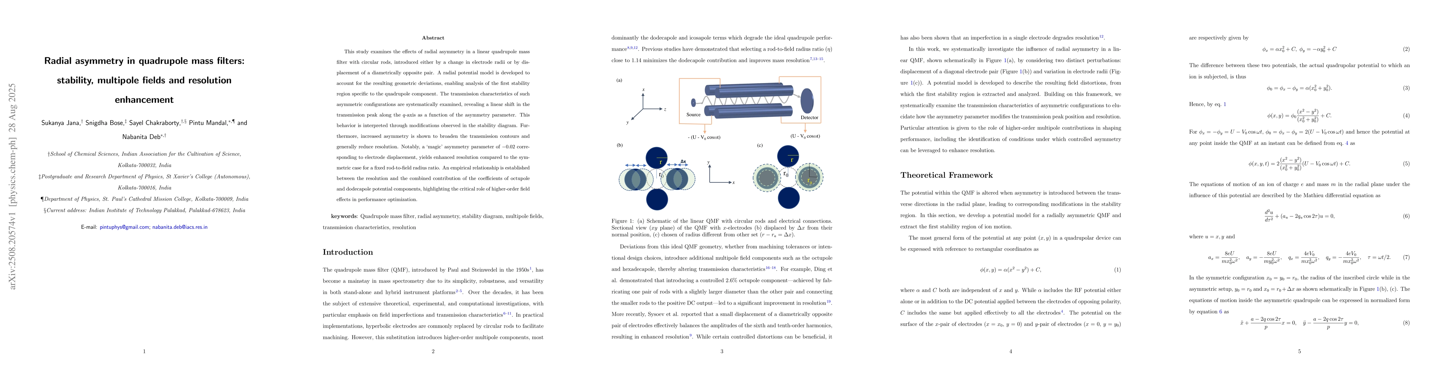 Thumbnail for Radial asymmetry in quadrupole mass filters: stability, multipole fields
  and resolution enhancement