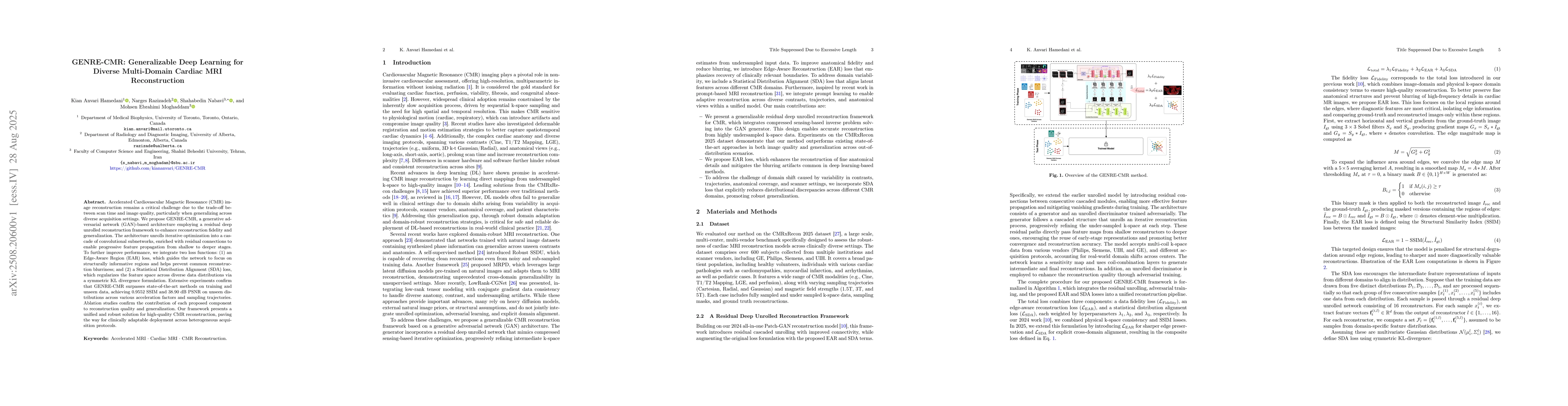 Thumbnail for GENRE-CMR: Generalizable Deep Learning for Diverse Multi-Domain Cardiac
  MRI Reconstruction