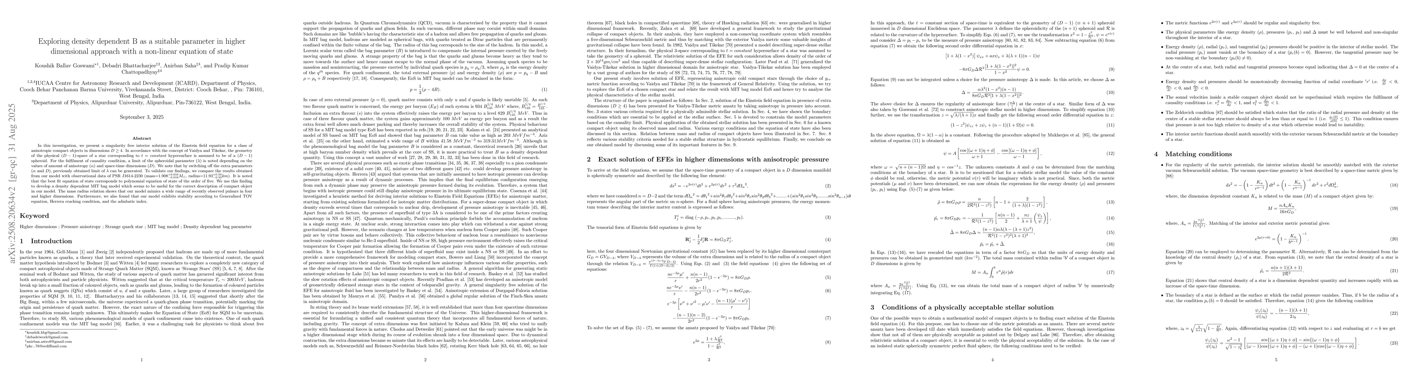 Thumbnail for Exploring density dependent B as a suitable parameter in higher
  dimensional approach with a non-linear equation of state
