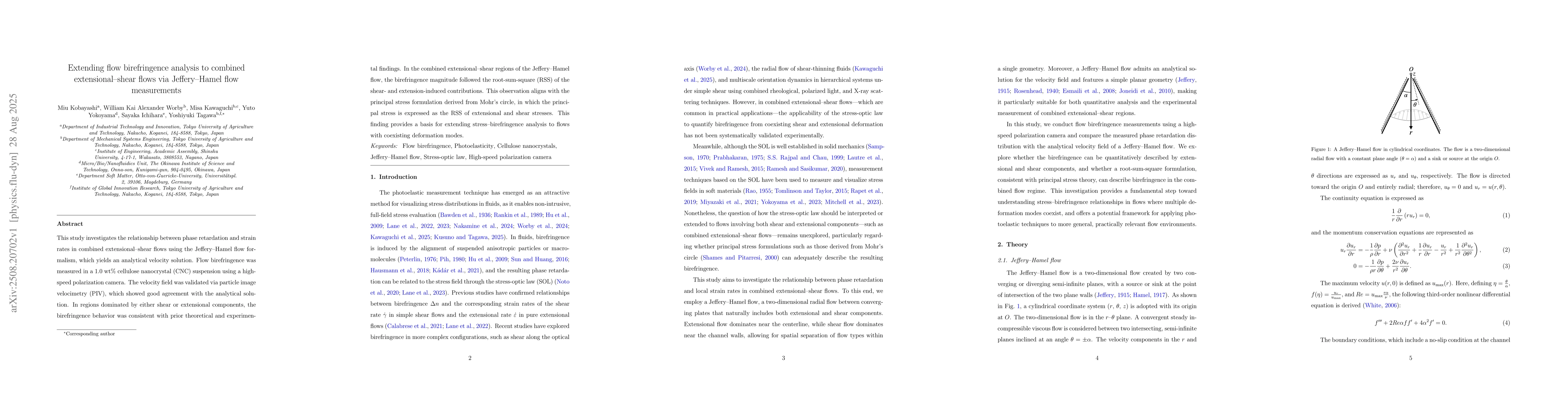 Thumbnail for Extending flow birefringence analysis to combined extensional-shear
  flows via Jeffery-Hamel flow measurements