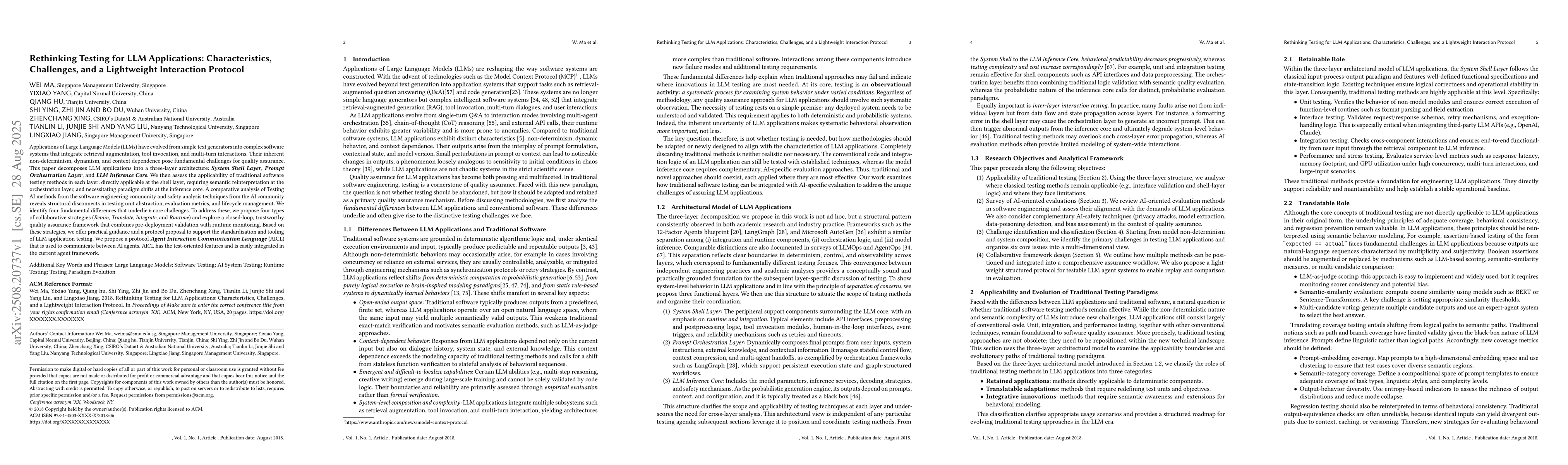Thumbnail for Rethinking Testing for LLM Applications: Characteristics, Challenges,
  and a Lightweight Interaction Protocol