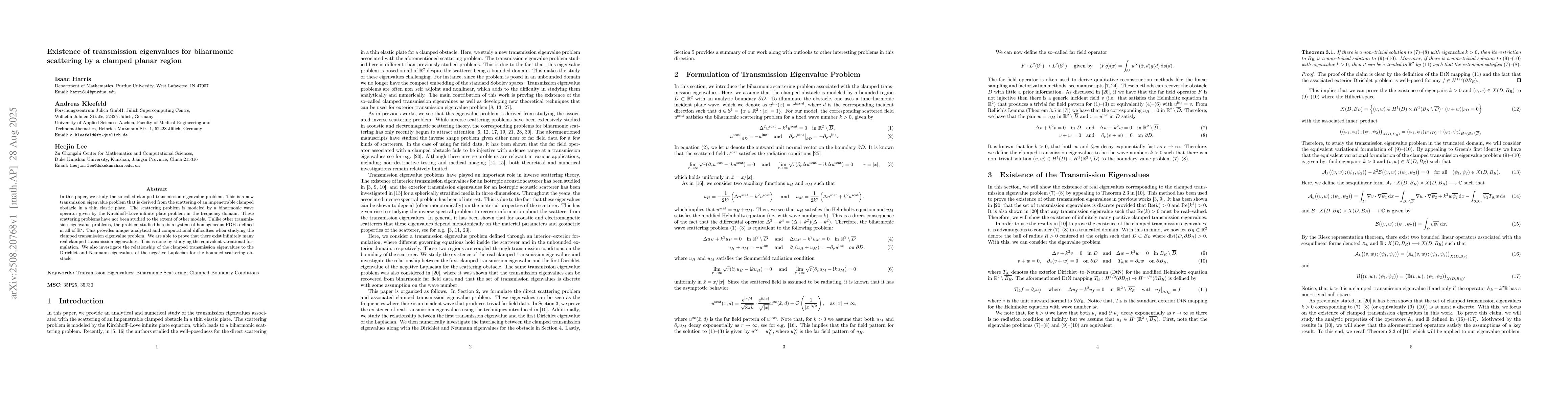 Thumbnail for Existence of transmission eigenvalues for biharmonic scattering by a
  clamped planar region