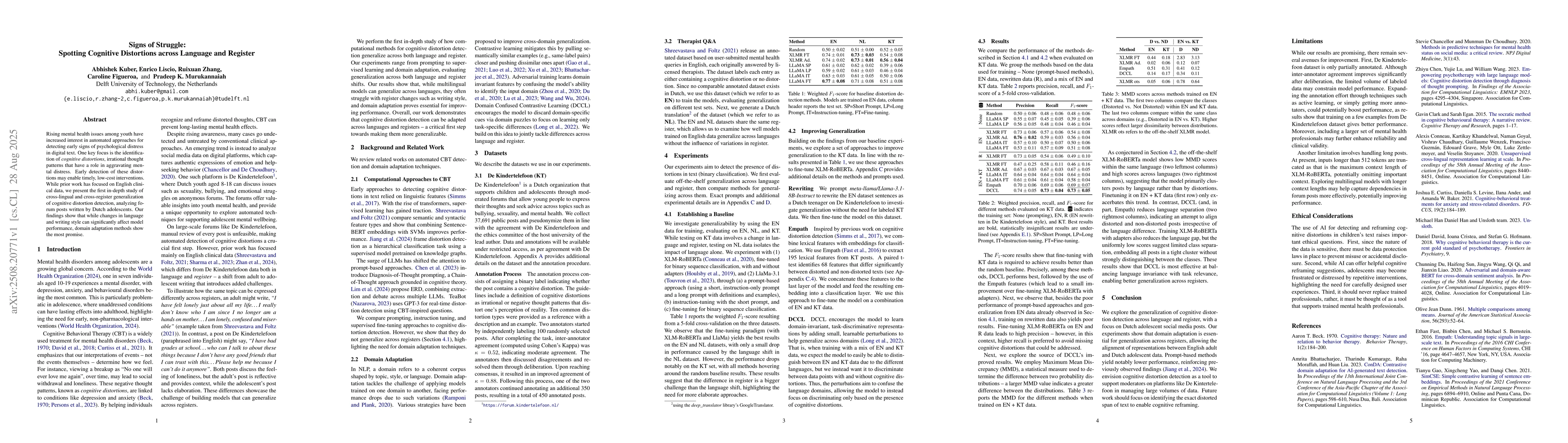 Thumbnail for Signs of Struggle: Spotting Cognitive Distortions across Language and
  Register
