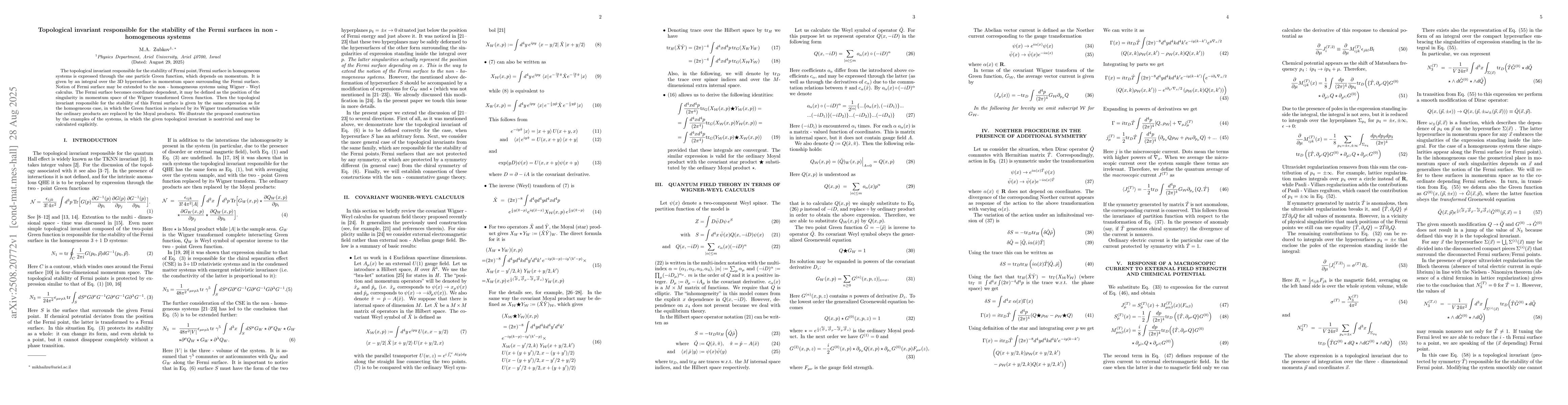 Thumbnail for Topological invariant responsible for the stability of the Fermi
  surfaces in non - homogeneous systems