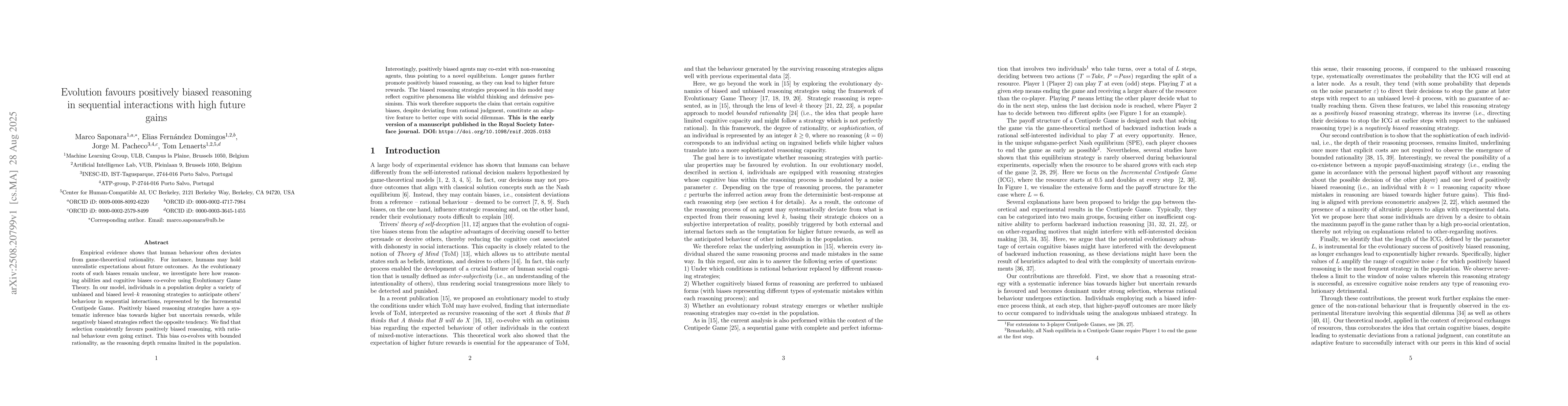 Thumbnail for Evolution favours positively biased reasoning in sequential interactions
  with high future gains