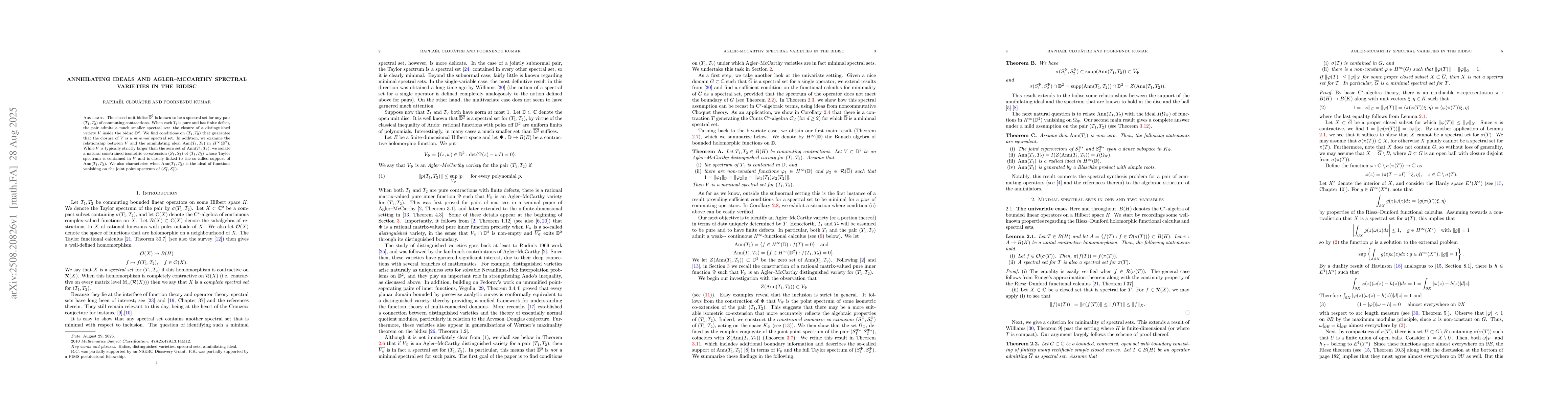 Thumbnail for Annhilating ideals and Agler--McCarthy spectral varieties in the bidisc