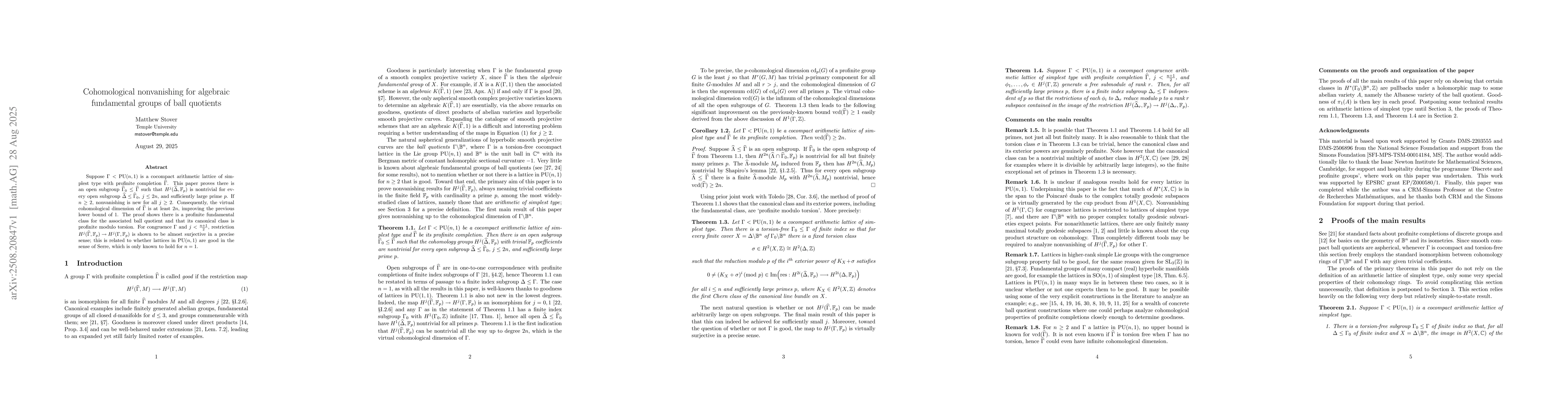 Thumbnail for Cohomological nonvanishing for algebraic fundamental groups of ball
  quotients