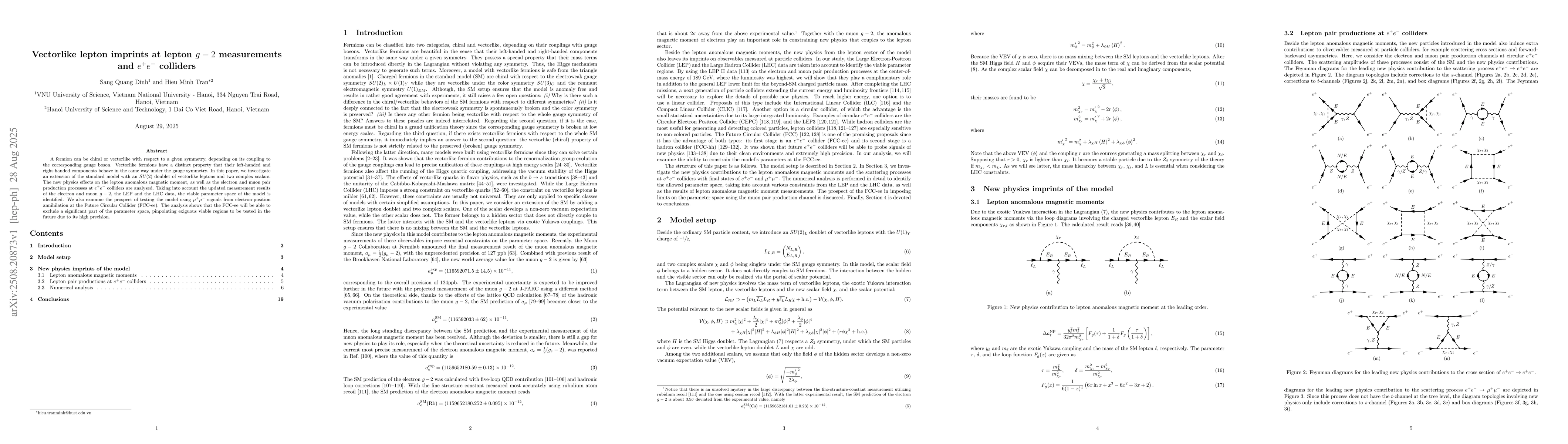 Thumbnail for Vectorlike lepton imprints at lepton $g-2$ measurements and $e^+e^-$
  colliders