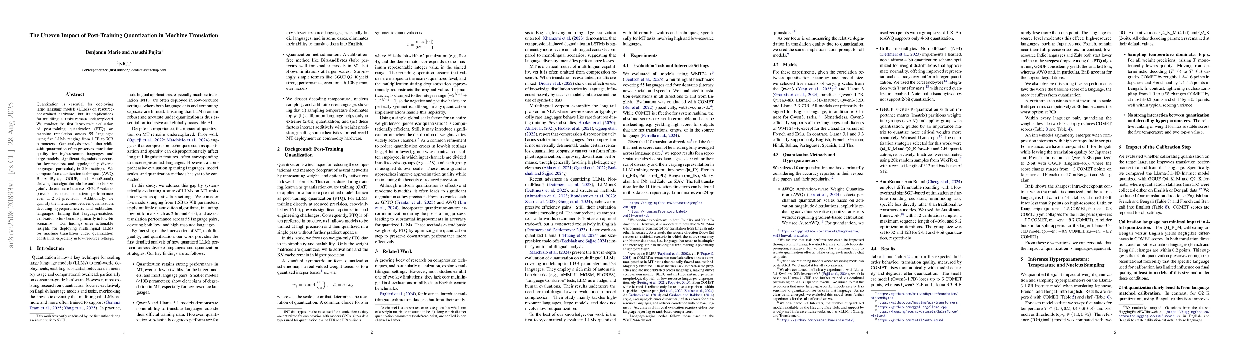 Thumbnail for The Uneven Impact of Post-Training Quantization in Machine Translation