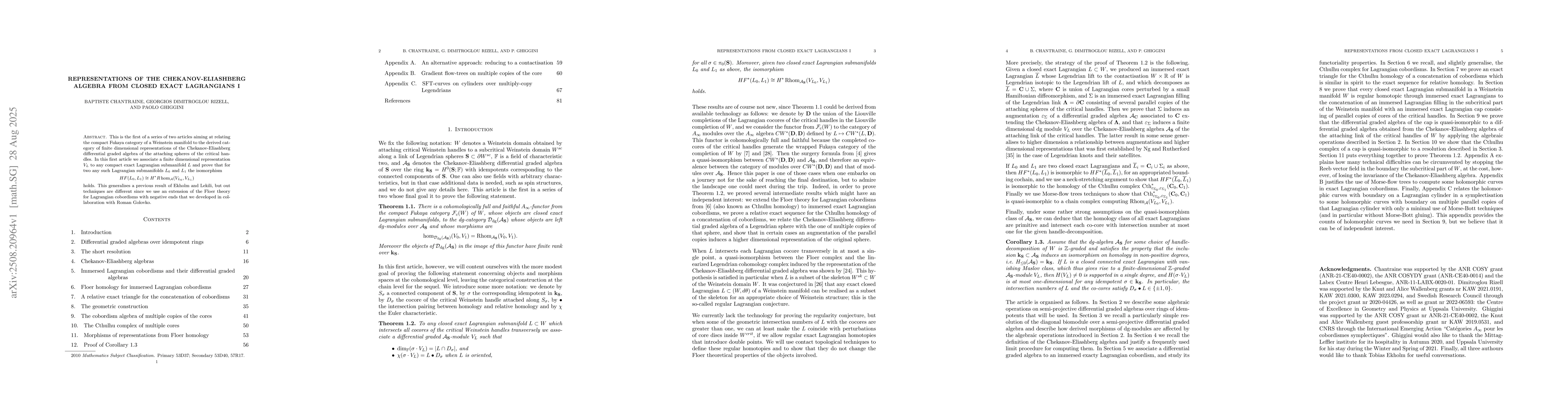 Thumbnail for Representations of the Chekanov-Eliashberg algebra from closed exact
  Lagrangians I