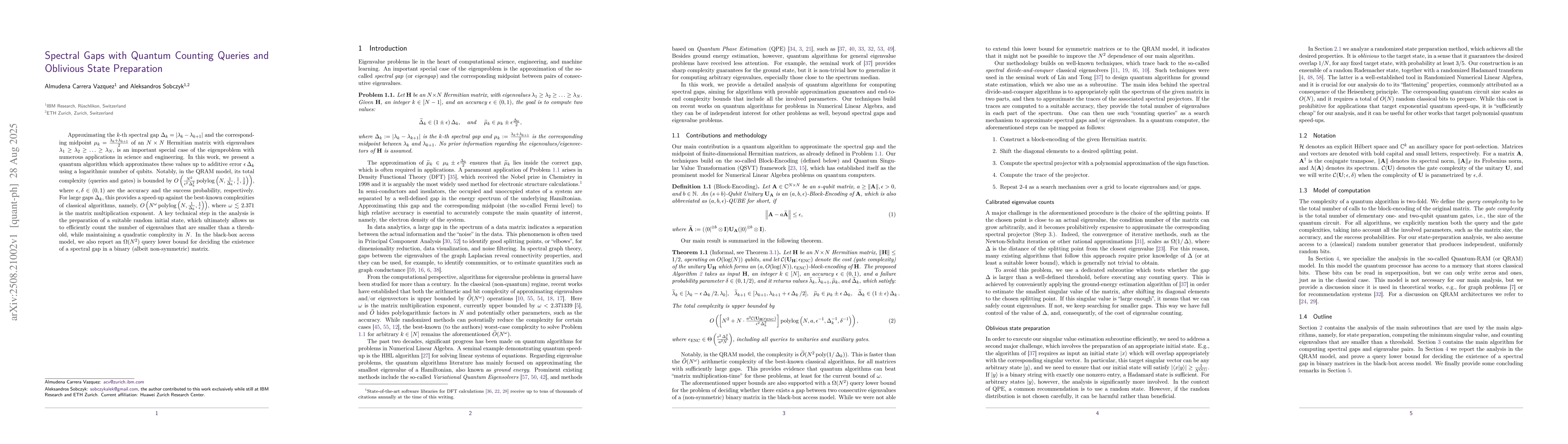 Thumbnail for Spectral Gaps with Quantum Counting Queries and Oblivious State
  Preparation