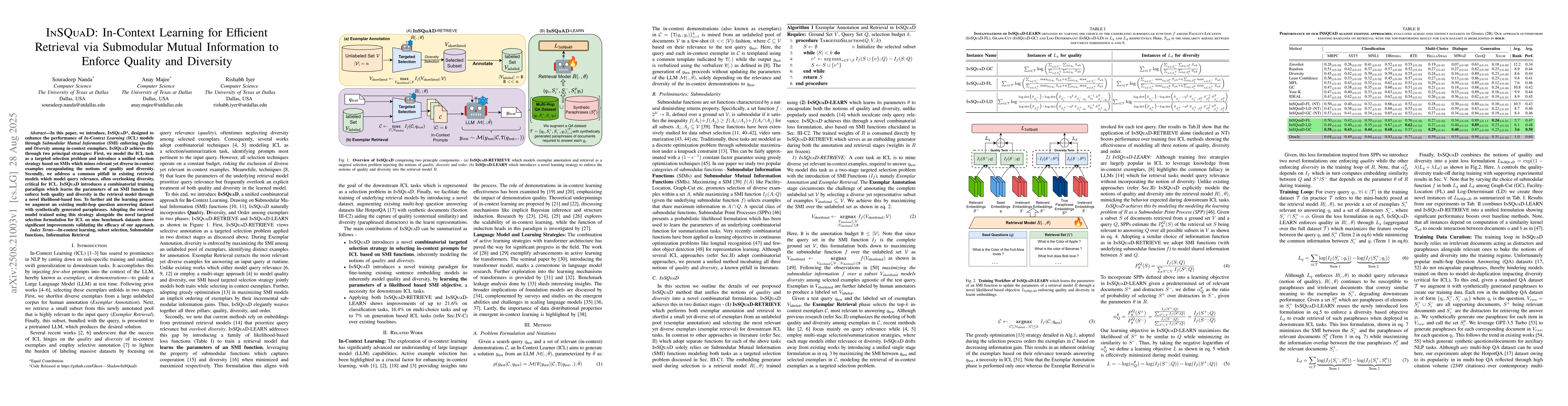 Thumbnail for InSQuAD: In-Context Learning for Efficient Retrieval via Submodular
  Mutual Information to Enforce Quality and Diversity