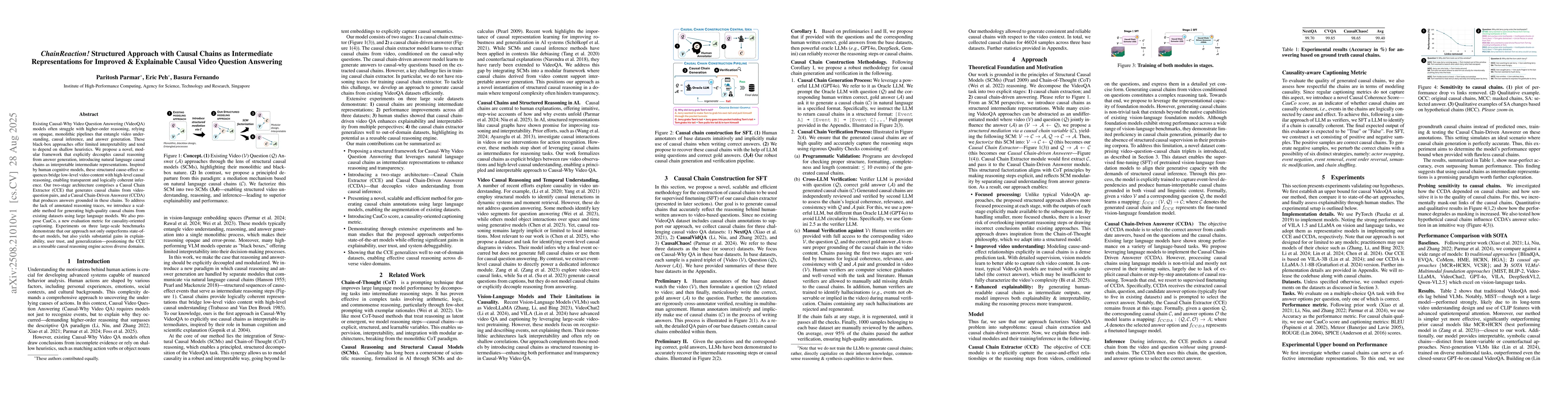 Thumbnail for ChainReaction! Structured Approach with Causal Chains as Intermediate
  Representations for Improved and Explainable Causal Video Question Answering