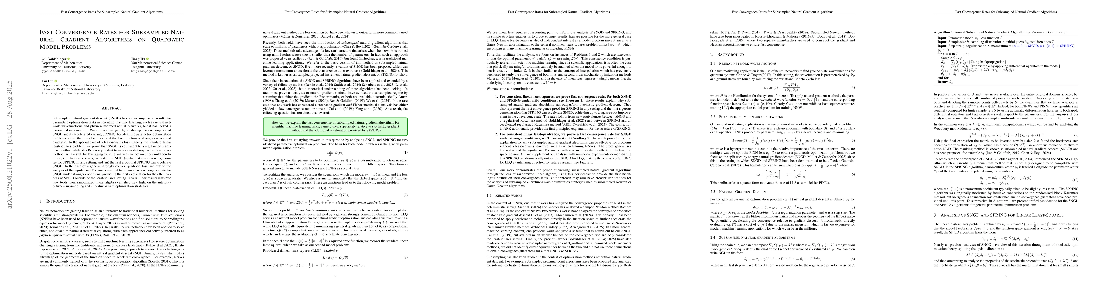 Thumbnail for Fast Convergence Rates for Subsampled Natural Gradient Algorithms on
  Quadratic Model Problems