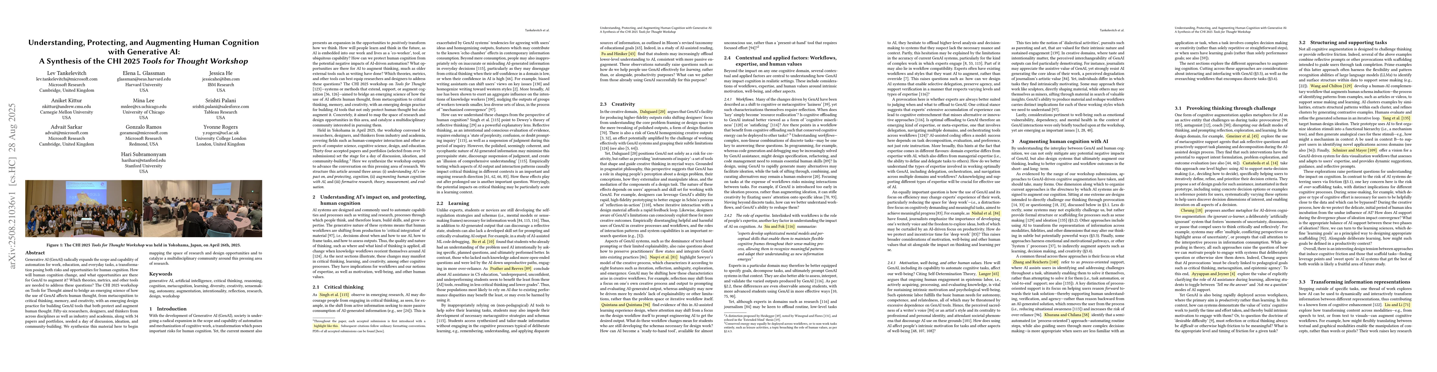 Thumbnail for Understanding, Protecting, and Augmenting Human Cognition with
  Generative AI: A Synthesis of the CHI 2025 Tools for Thought Workshop