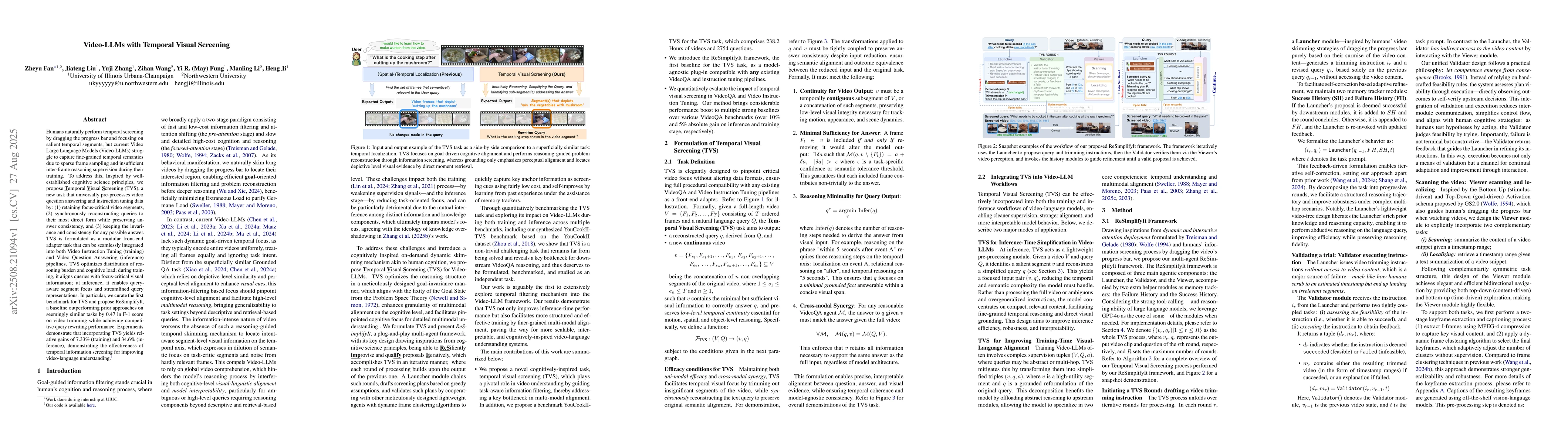 Thumbnail for Video-LLMs with Temporal Visual Screening