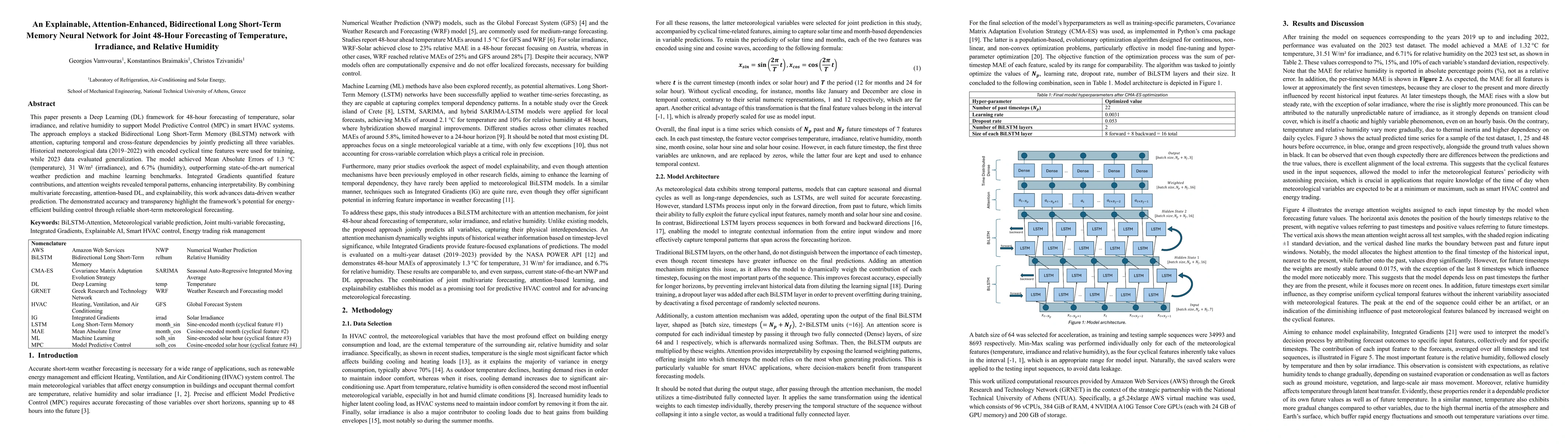 Thumbnail for An Explainable, Attention-Enhanced, Bidirectional Long Short-Term Memory
  Neural Network for Joint 48-Hour Forecasting of Temperature, Irradiance, and
  Relative Humidity