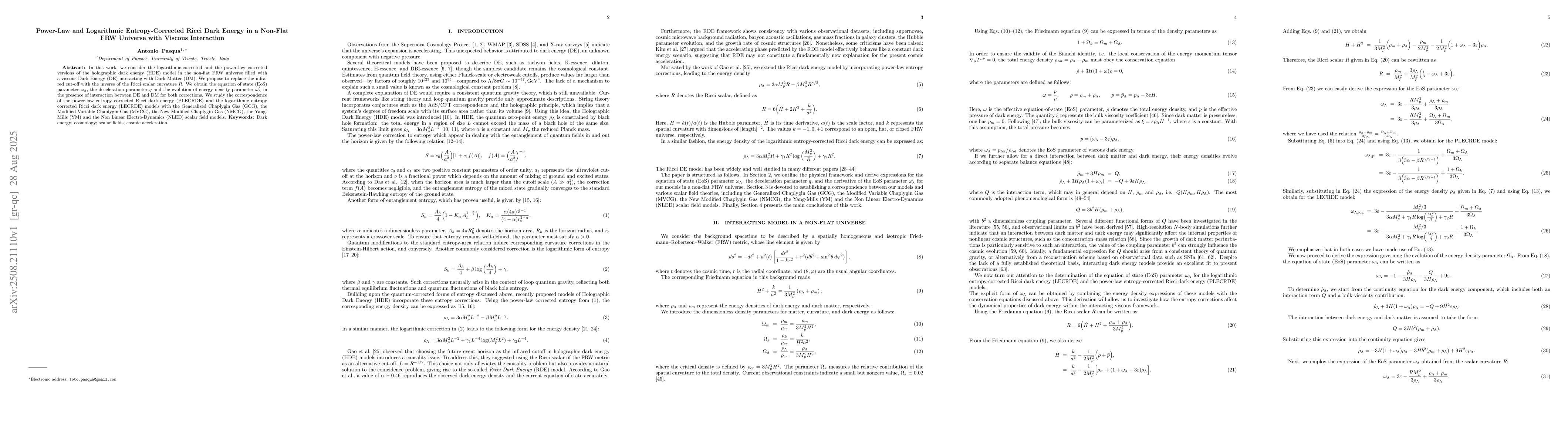 Thumbnail for Power-Law and Logarithmic Entropy-Corrected Ricci Dark Energy in a
  Non-Flat FRW Universe with Viscous Interaction