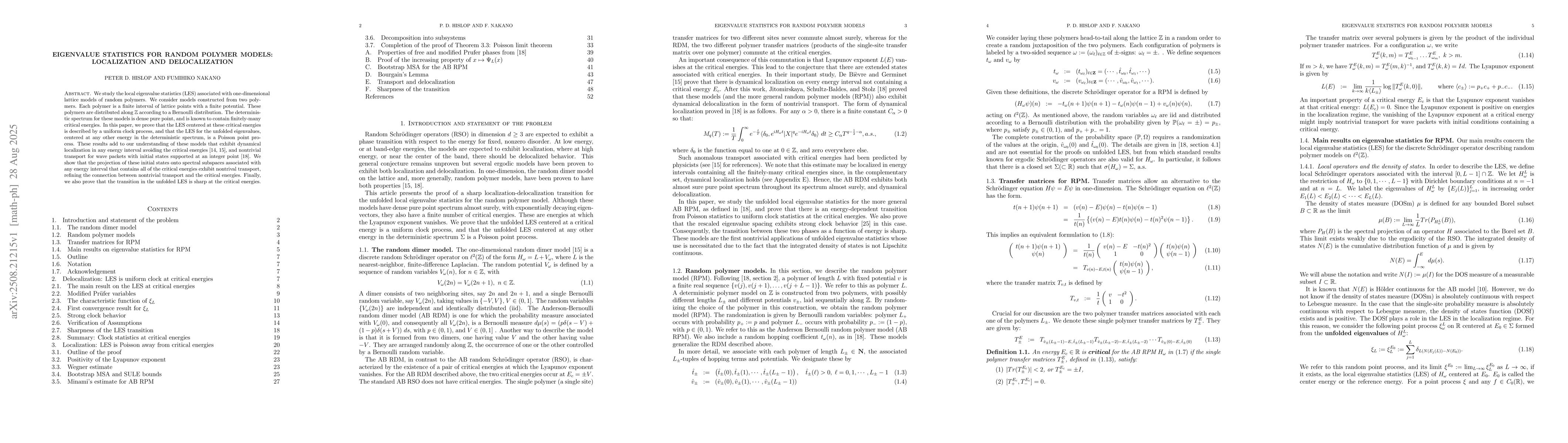 Thumbnail for Eigenvalue statistics for random polymer models: Localization and
  delocalization