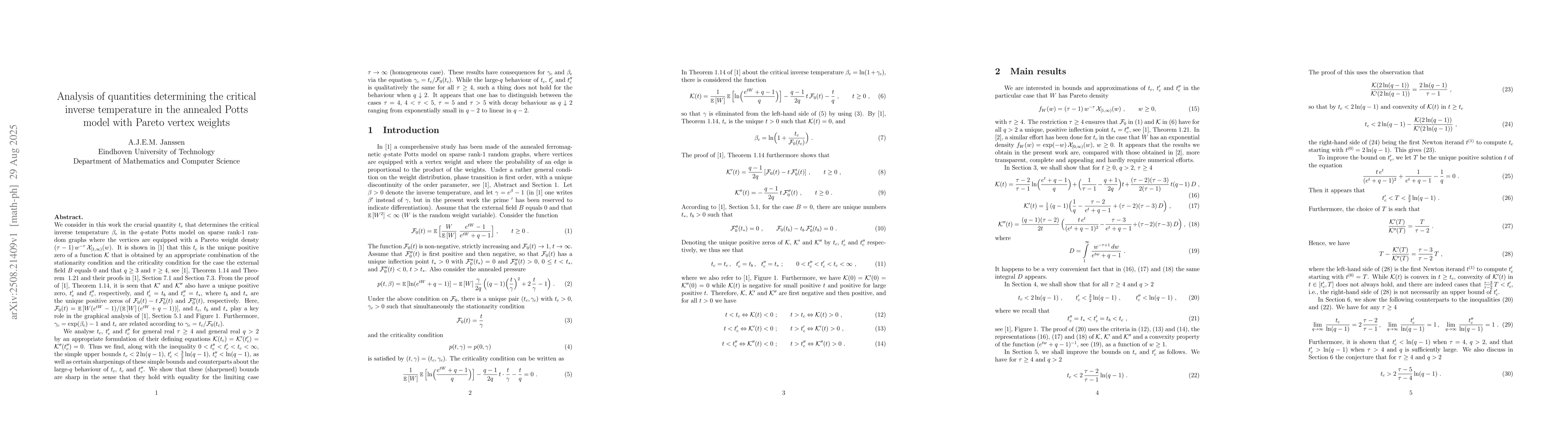 Thumbnail for Analysis of quantities determining the critical inverse temperature in
  the annealed Potts model with Pareto vertex weights
