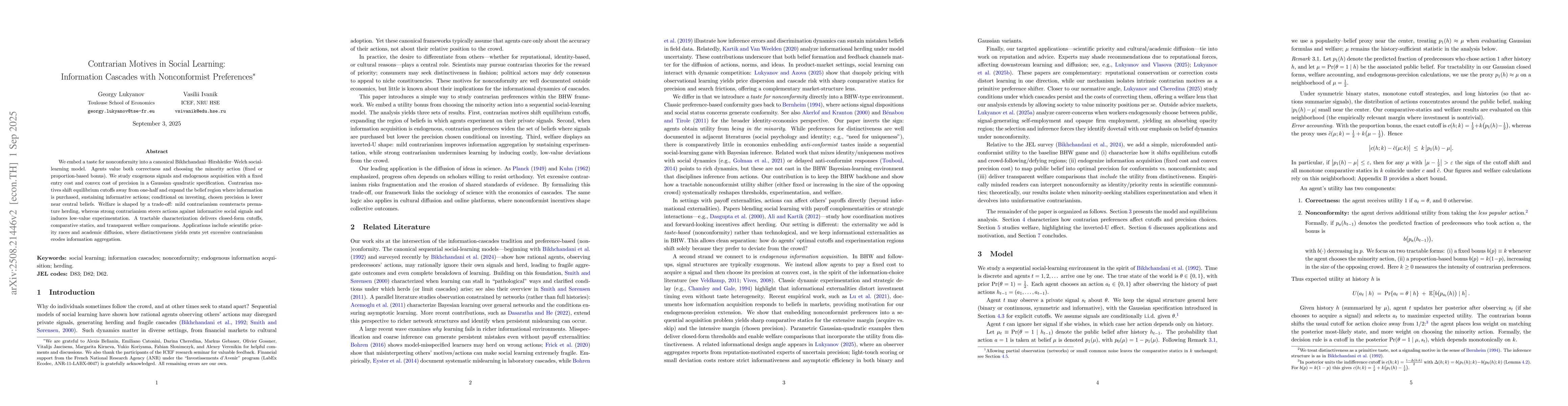 Thumbnail for Contrarian Motives in Social Learning: Information Cascades with
  Nonconformist Preferences