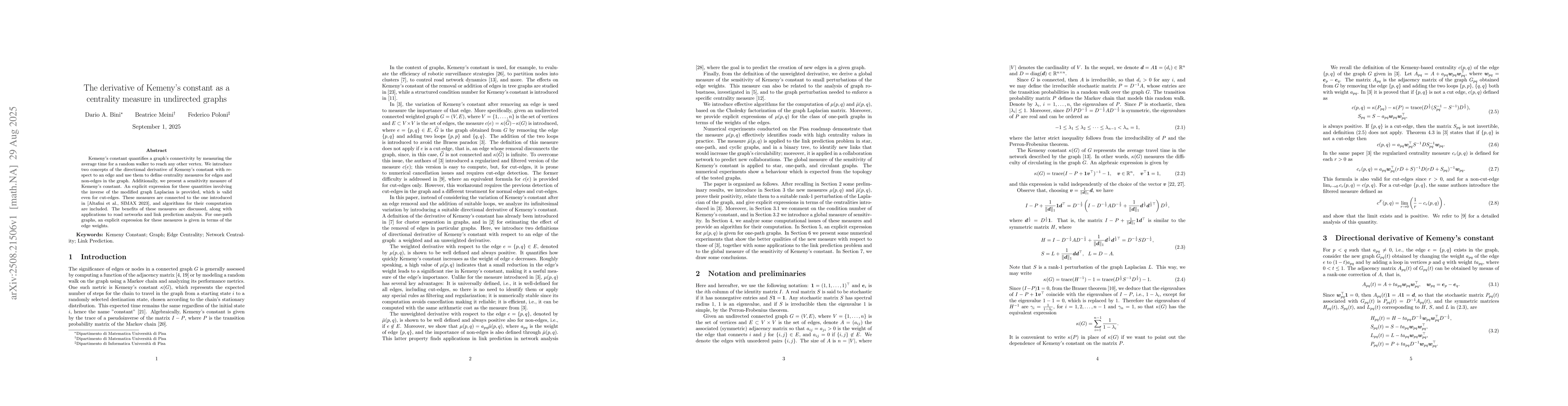 Thumbnail for The Derivative of Kemeny's Constant as a Centrality Measure in
  Undirected Graphs