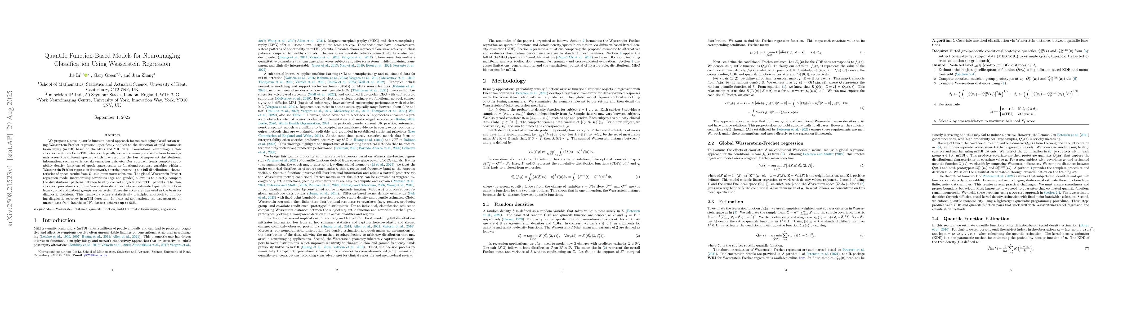 Thumbnail for Quantile Function-Based Models for Neuroimaging Classification Using
  Wasserstein Regression